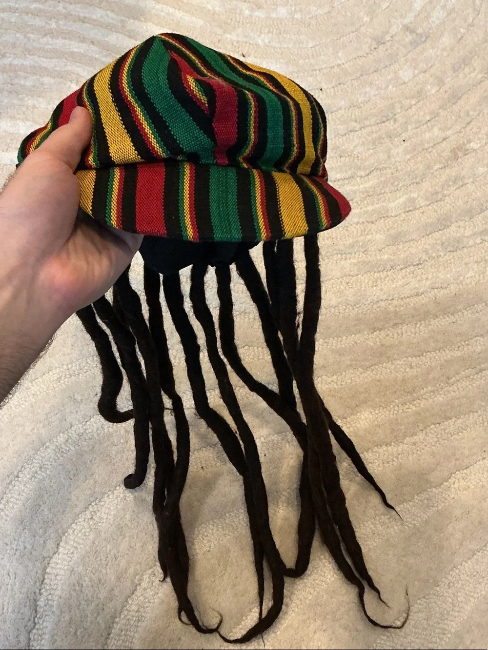 Jamaican Multicolor Rasta Stripe Beanie with Brown Faux Dreadlocks